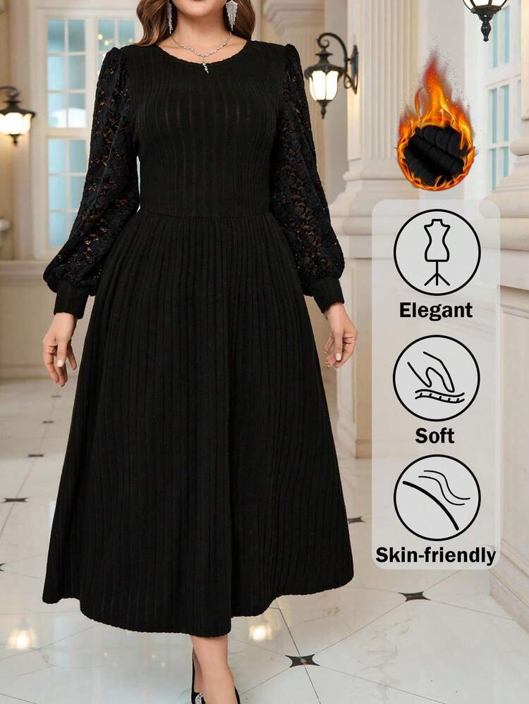 Plus Size Minimalist Solid Color Lace Pleated Hem Dress For Christmas, Lace Sleeve Dress, Long-Sleeved Black Dress, Elegant Black Dress, Black Midi Dress, Women's Winter Dress, New Year's Women's Wear, Elegant Party Outfit, Women's Black Dress, Carnival New Year's Look Sparkly Dress, Black Dress, Plus Size Elegant Black Dress, 2025 Autumn/Winter Collection, Autumn/Winter Party Elegant Dress.