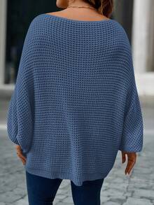SHEIN LUNE Plus Size Women's Solid Color Round Neck Batwing Long Sleeve Loose Casual Sweater, Autumn/Winter - Dusty Blue - View 2