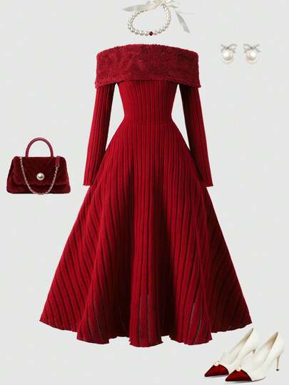 少女秋冬返校休闲时尚针织罗纹拉绒拼接露肩长袖连衣裙，酒红色，适合少女，高端优雅，温柔淑女，日常外出、旅行、活动、派对、拍照