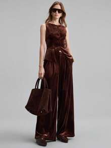 Ontre Women's Espresso Brown Winter Velvet Pants,Elegant Party Shiny Pocket Elastic Waist Wide Leg Trousers,Business Commute Old Money Style Office Wear - Rust Brown - View 2
