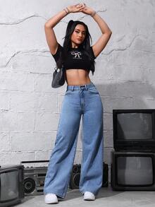 SHEIN ICON Quần jean ống đứng không co giãn màu nâu dành cho nữ cỡ lớn, thường ngày - Rửa nhẹ - Xem 4