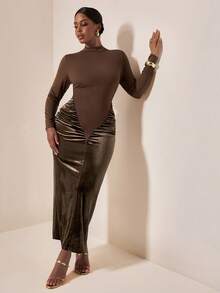 EMERY ROSE Plus Size Chocolate Brown Elegant Autumn Dinner Maxi Dress,Women's Crew Neck Long Sleeve Drawstring Waist Patchwork Wedding Guest Boho Retro Dress - Brown - View 5