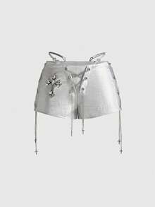 ROMWE Avant Women's Retro Gyaru Biker PU Decorated Low-Waist Mini Tight Shorts - Silver - View 1