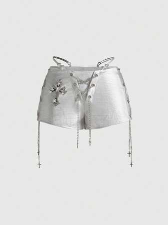 ROMWE Avant Shorts cortos y ajustados de cintura baja con decoración de PU en estilo retro gyaru para mujer