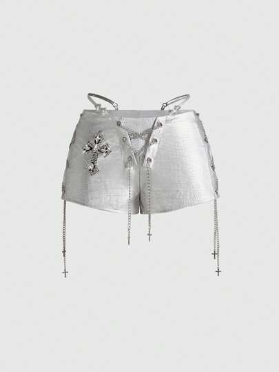 ROMWE Avant Women's Retro Gyaru Biker PU Decorated Low-Waist Mini Tight Shorts