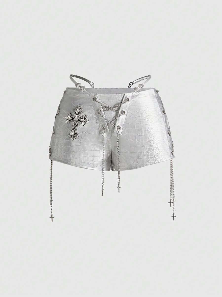 ROMWE Avant Women's Retro Gyaru Biker PU Decorated Low-Waist Mini Tight Shorts - Silver - View 1