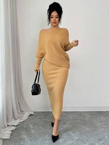 SHEIN Elenzya 2 件套优雅蝙蝠袖套头衫和裙子套装，通勤装，秋冬 - 黃色 - 查看 5