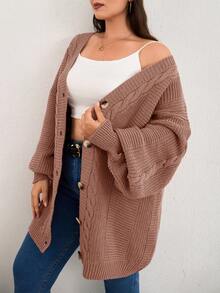 RueChic Cable Knit Drop Shoulder Cardigan - Dusty Pink - View 1