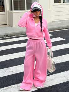 SHEIN Explorewe Streecool Kids/Teen Girls Hooded Cardigan Ribbed Knit Long Sleeve Top And Wide Leg Tree Print Elastic Waist Pants 2 Pieces Set - Pink - View 1