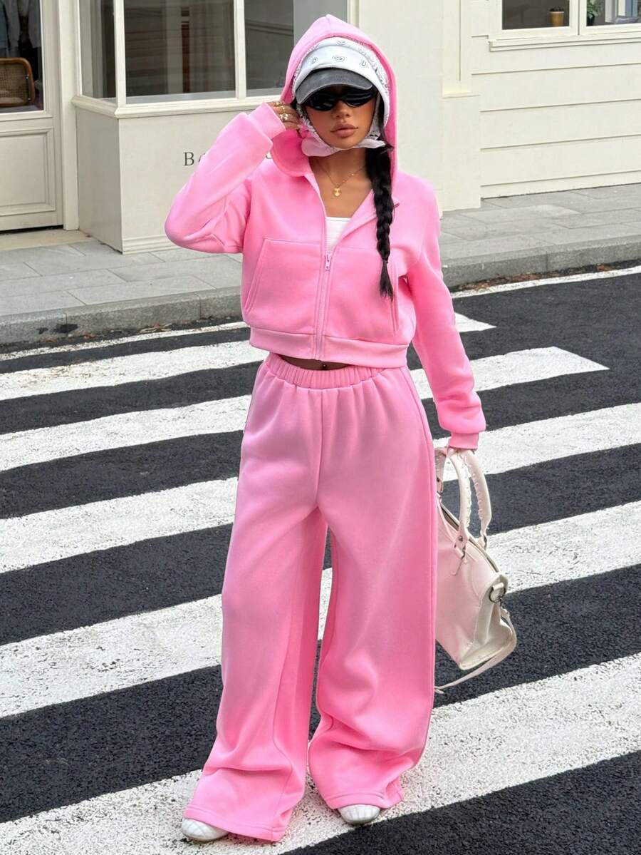 SHEIN Explorewe Streecool Kids/Teen Girls Hooded Cardigan Ribbed Knit Long Sleeve Top And Wide Leg Tree Print Elastic Waist Pants 2 Pieces Set - Pink - View 1