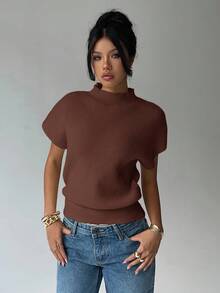 Aloruh Women's Solid Color Mandarin Collar Batwing Short Sleeve Casual Knit Top, Autumn/Winter - Brown - View 6