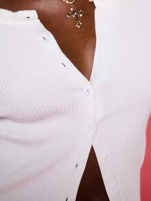 Normani 女士圆领长袖纽扣休闲纯色简约风格毛衣、长袖上衣、秋冬季上学上衣 - 白色 - 查看 5