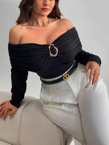 Firerie Maglietta a maniche lunghe, aderente, con spalle scoperte, arricciata, decorata in metallo, per donna taglia grande, elegante e casual, adatta per autunno/inverno - nero - Visualizzare 7