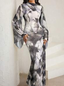 Veilorie 女式扎染印花喇叭袖美人鱼下摆优雅阿拉伯连衣裙 - 彩色 - 查看 5