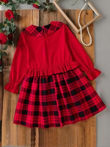Elladie kids Robe à manches longues à carreaux rouges de style français élégant avec col claudine, ambiance élégante, convient pour le printemps et l'automne - Rouge - Voir 2