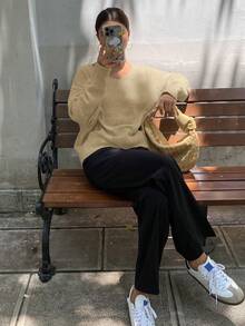 DAZY 女式休闲宽松纯色V领长袖毛衣 - 綠色 - 查看 3