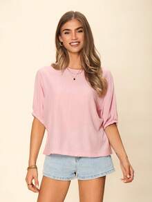 SHEIN LUNE Women's Casual Solid Color Dolman Sleeve Blouse, Everyday Basic Cropped 3/4 Sleeve Shirt For Spring/Summer