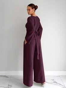 Siren Gaze Autumn New Solid Color Overlapping Collar Cinched Waist Flare Sleeve Shirt And Pants Set Winter Christmas Elegant Red,Fall,Fall Clothes For Women Burgundy Spring Valentine's Day - Burgundy - View 2
