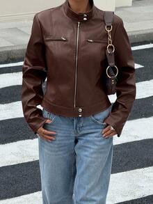 SHEIN EZwear 女士时尚棕色长袖拉链短款夹克，百搭秋冬装 - 棕色 - 查看 5