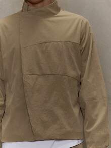 Musero Men Long Sleeve Oversized Stand Collar Hidden Asymmetric Placket Press Button Fastening Co-Ord Sets Top Only Fall/SPRING SUMMER Clothes - Khaki - View 2