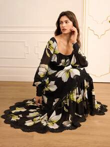 Lilora Women's Elegant Black Floral Chiffon Square Neck Long Sleeve Embroidered Lace Decoration Swing A-Line Dress,Autumn Garden Party Formal Retro Chic - Multicolor - View 3