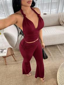 SHEIN SXY 2件套天蓝色休闲吊带上衣和裤子套装 - 酒紅色 - 查看 1