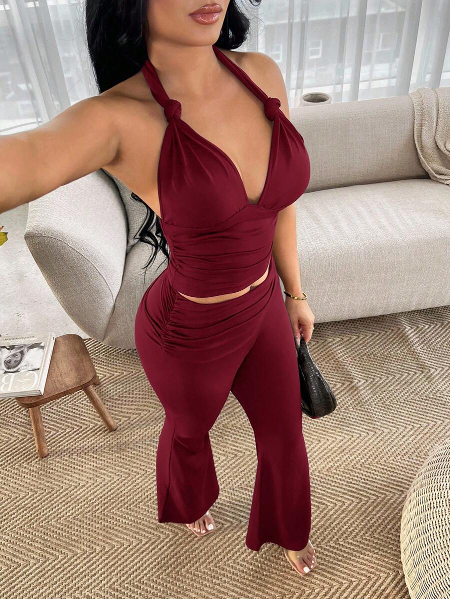 SHEIN SXY 2件套天蓝色休闲吊带上衣和裤子套装 - 酒紅色 - 查看 1