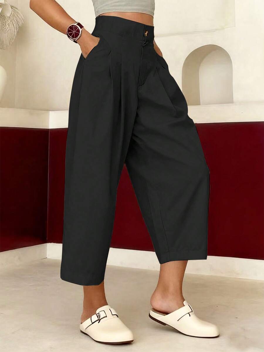Selamara Women's Solid Color High Waist Pleated Loose Straight Leg Cropped Pants - Black - View 1