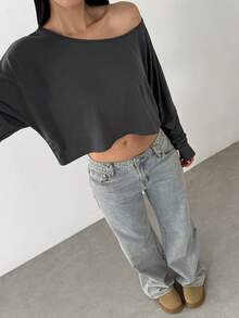 Lunelith SHEIN Lunessa Women's Solid Color Asymmetrical Collar Long Sleeve Cropped Casual T-Shirt, For Autumn Fall Cloth For Women