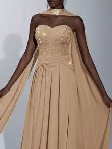 Elitara 优雅奢华手工水钻装饰露肩飘逸拼接弹性针织雪纺长裙，适合婚礼、活动、单身派对、度假、庆典、正式场合 - 卡其色 - 查看 4