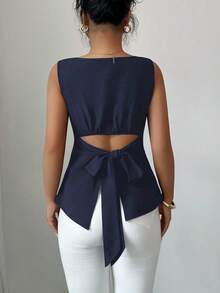 Elenzga Blusa elegante de unicolor con cuello redondo y dobladillo con volantes para uso diario - Azul Marino - Ver 2