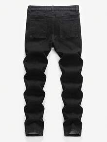 SHEIN 青少年男孩 Bolty 时尚休闲 Y2k 复古酷炫街头镂空破洞磨边 Vogue 街头白色十字图案黑色牛仔破洞弹力紧身牛仔裤日常穿着以及秋冬季节锐舞音乐节和街头服饰 - 黑色 - 查看 2