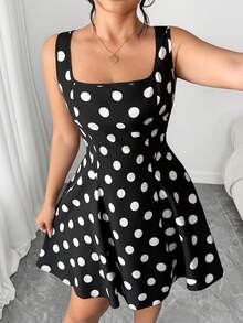 Elenzga 大码女式优雅方领黑白波尔卡圆点无袖喇叭迷你连衣裙，适合返校、毕业、节日、情人节、圣诞节、音乐节、母亲节、万圣节、感恩节、复活节、国庆节、舞会、约会、派对、婚礼、户外活动 - 黑與白 - 查看 2