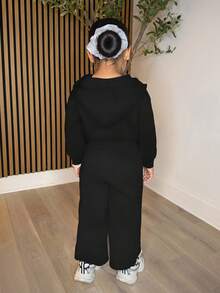 年轻女孩休闲灰色针织连帽运动衫运动衫和抽绳运动裤套装 - 黑色 - 查看 2