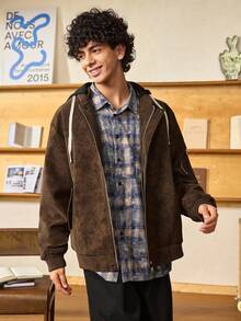 Open Phase STONE DISTRICT 男士宽松连帽摩托车皮夹克，全新秋冬春夏系列 - 咖啡棕 - 查看 4