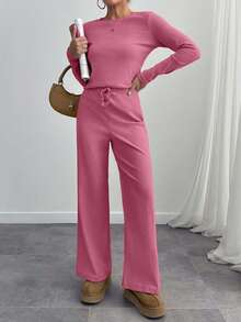 EURMUSE Solid Color Knit Top And Pants Set, Casual For Autumn/Winter - Pink - View 7