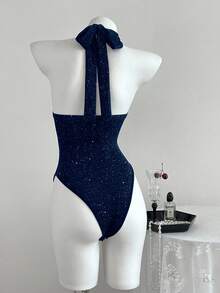 Elamini Versatile Deep V-Neck Metallic Bodysuit, Suitable For Spring, Summer, Autumn And Winter - Navy Blue - View 2