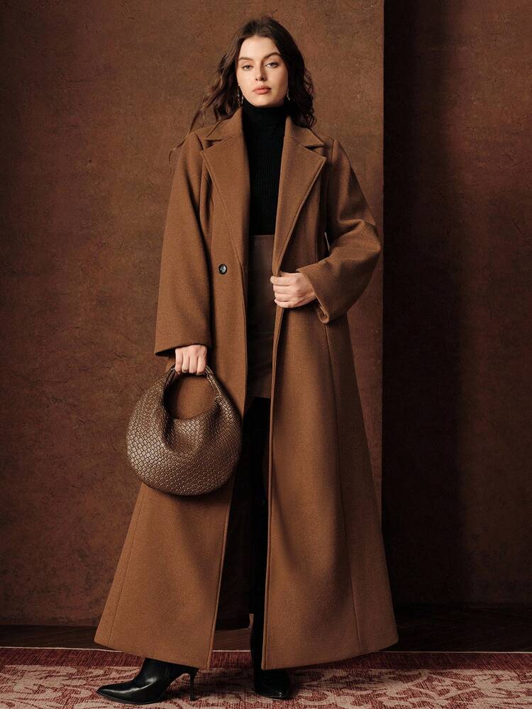 Women's Lapel Cinched Waist Plus Size Overcoat, Winter Coat, New Year, Wedding Luxury Evening Gown, Christmas Attire