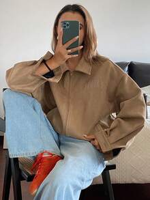 DAZY Damen Lässig Loose Fit Wildleder-Optik Jacke, Outdoor Street Style Mode, Herbst/Winter Damen Mäntel - Khaki - Übersicht 5