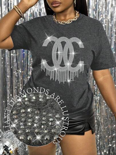 Maweii Plus Size Slogan Rhinestone Short Sleeve T-Shirt Hot Diamond Tees Women Tops