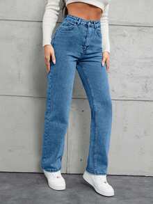 SHEIN Tall 高码100%纯棉斜口袋直筒牛仔裤 - 中等水洗藍 - 查看 3