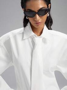 LYSMO Áo sơ mi dài tay cổ bẻ, thắt lưng, đệm vai cỡ lớn màu trắng tối giản mới 2025 dành cho nữ, phù hợp mặc hàng ngày, đi làm, trang phục công sở, phong cách học sinh, thời trang thành thị - trắng - Xem 9