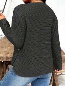 Plus Size Women Casual Daily Commute Simple Solid Color Button Decor Pointelle Knit Pullover Sweater, Autumn/Winter - Dark Grey - View 2