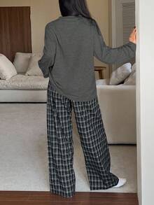 DAZY 2件套女士宽松舒适印花长袖T恤和格子裤睡衣套装，冬季服装 - 深灰色 - 查看 2