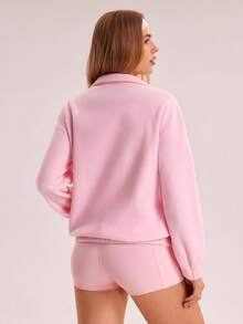 Sovereign Charm 女士秋冬毛绒泰迪绒宽松休闲运动套头衫外套，休闲版型多巴胺激活粉色网球夹克 - 粉色 - 查看 2