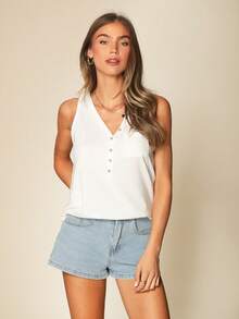 SHEIN LUNE Half Button Patched Pocket Tank Top - White - View 4