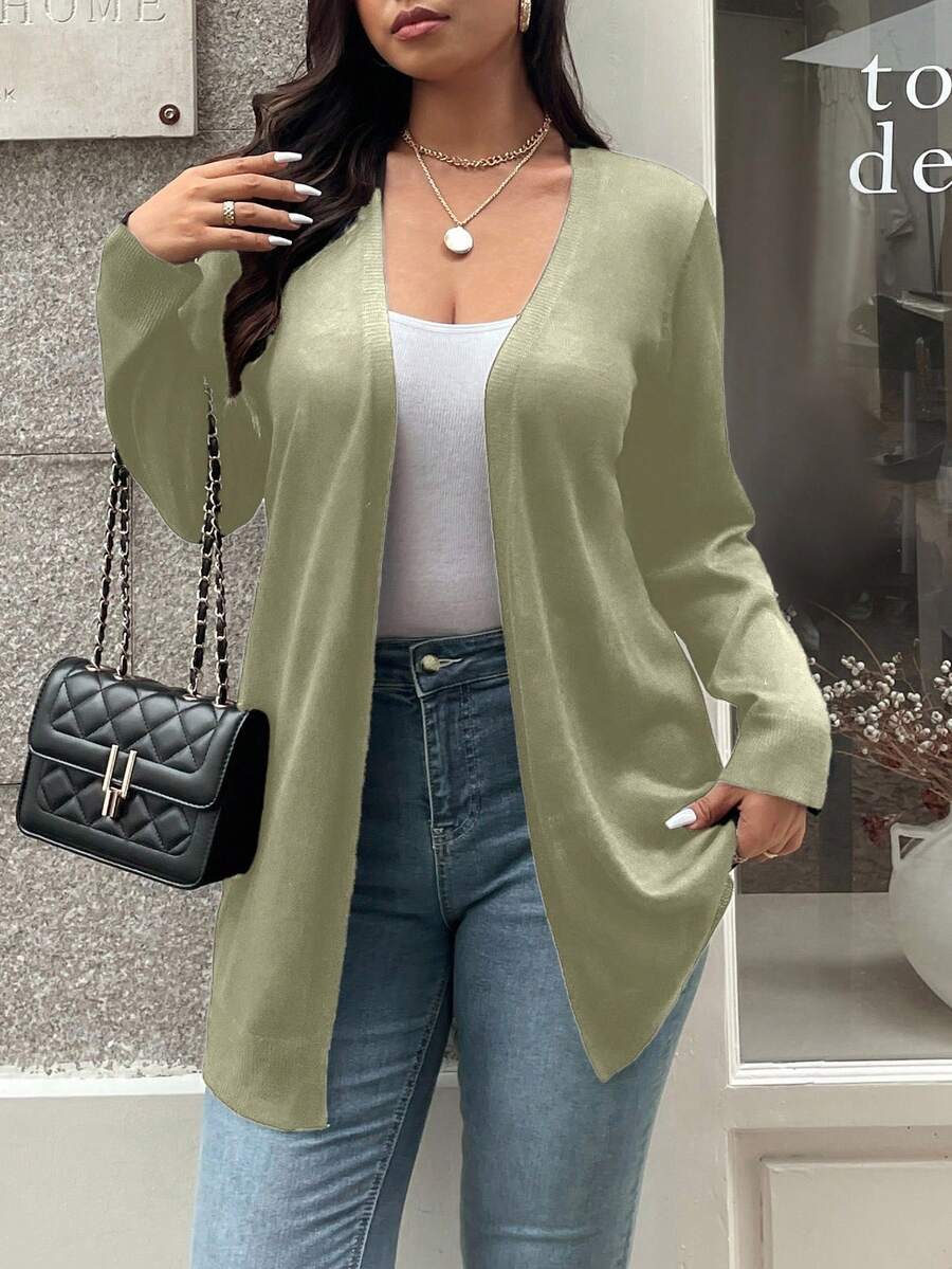 Vionelle Plus Size Casual Solid Color Front Open Cardigan, Autumn Sage Green Plus Size Cardigan Green Cardigan Women Cardigan Women Olive Green Women - Green - View 1
