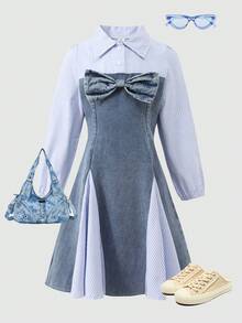 1pc Girls Casual Striped Collar Bow Patchwork Denim Long Sleeve Dress, Suitable For Spring/Autumn Daily Wear - Multicolor - View 5