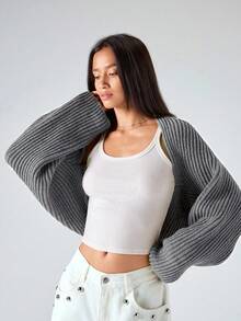 LYSMO 2025新款简约秋季女装简约休闲纯色罗纹针织短款开衫，春秋灰色开衫披肩毛衣，适合各种场合，返校、毕业、街头和斯德哥尔摩风格，圣诞节毛衣 - 灰色 - 查看 5