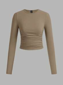 SHEIN EZwear 3件套女士休闲纯色圆领褶皱长袖T恤，秋冬 - 彩色 - 查看 3